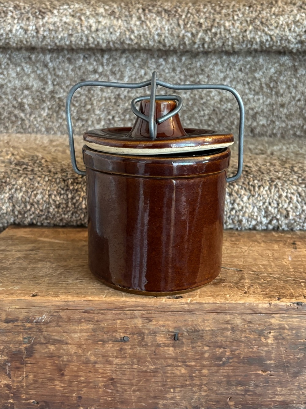 Brown Ceramic Covered Crock with Wire Bail Lid